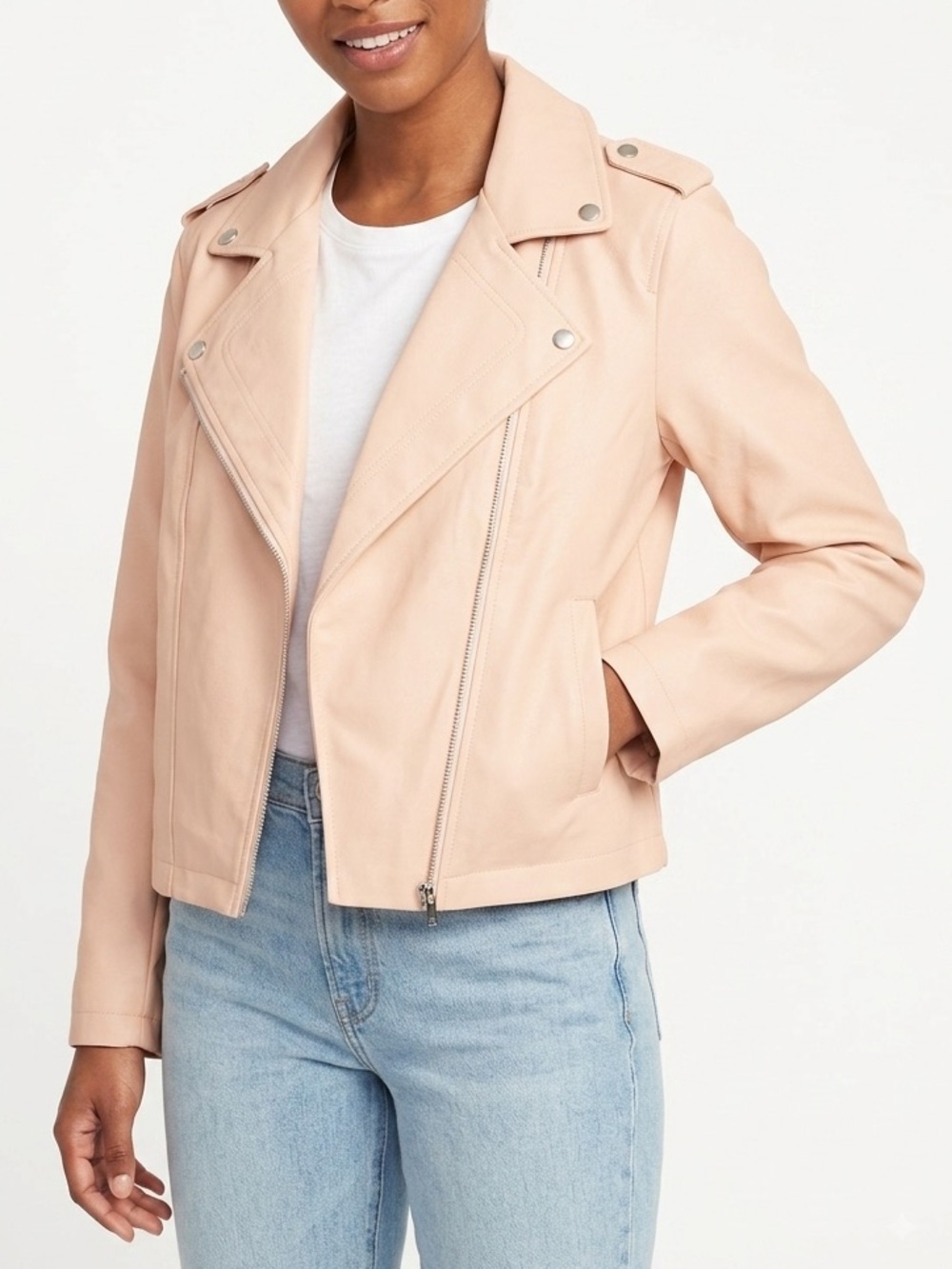 NWT LC Lauren Conrad Peach Faux Leather Moto Jacket FLAW Sz L